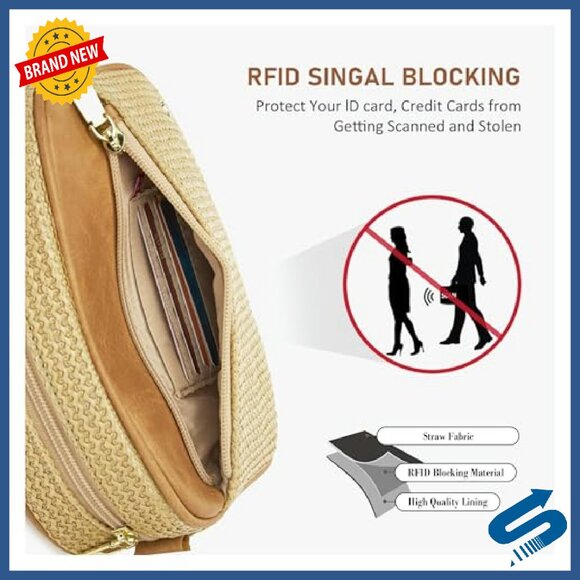 Straw Crossbody Bag RFID Blocking Adjustable Strap Travel Purse - Picture 4 of 8
